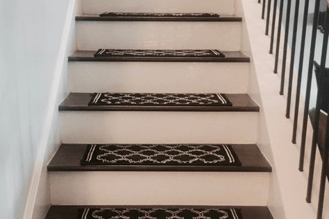 DIY Stair Treads - An Easy Way To Get Anti Slip Stairs! Stair Covers Ideas, No Slip Stairs, Stair Covering Ideas, Stair Tread Rugs Paint, Anti Slip Stairs, Stair Treads Ideas, Painted Stairwell, Diy Stair Treads, Black Stair Treads