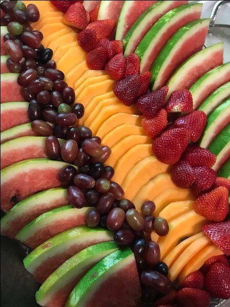 Summer Fruit Tray, Sweet watermelon, cantaloupes,sweet juice grapes, and juice plump strawberries. Melon Fruit Platter Ideas, Melon Platter, Large Fruit Charcuterie Board, Summer Fruit Tray, Watermelon And Cantaloupe Tray, Huge Fruit Platter, Holiday Entertaining Decor, Banquet Food, Sweet Watermelon