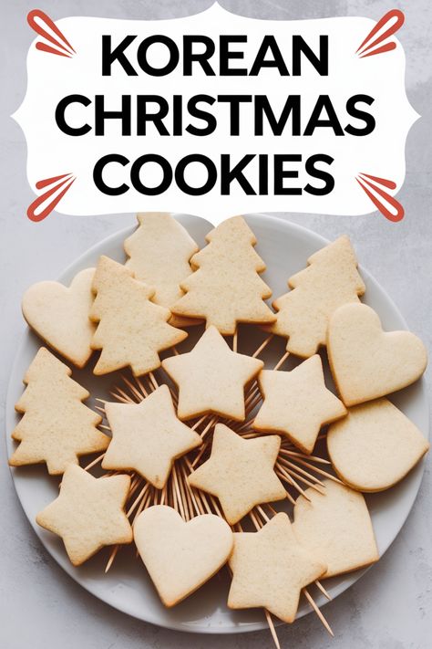 Korean Christmas cookies shaped like trees, stars, and hearts on a white plate. Korean Cookies, Korean Christmas, Easy Christmas Cake Recipe, Japanese Christmas, Christmas Cookies Recipes, Christmas Dinner Recipes, Sweet Red Bean, Joy Of Baking, Christmas Dessert Recipes