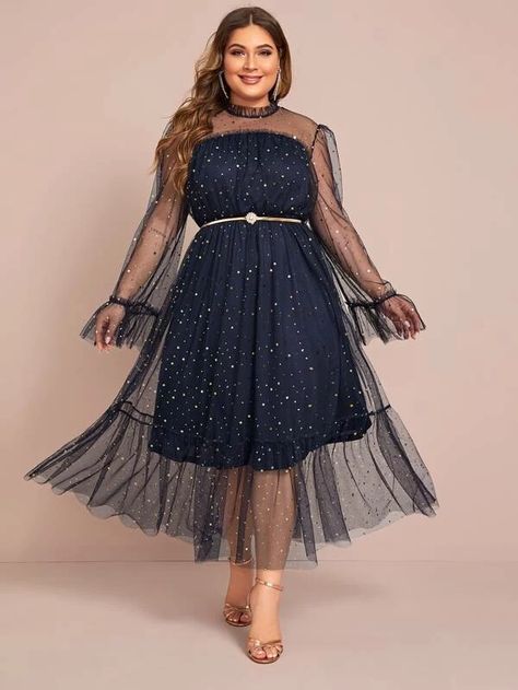 Plus Frill Trim Star Mesh Overlay Dress Without Belt | SHEIN USA Big Size Dress, Mesh Overlay Dress, Black Dresses Classy, Plus Size Party Dresses, Vestido Plus Size, Beautiful Prom Dresses, Extra Long Sleeves, Overlay Dress, Mesh Overlay