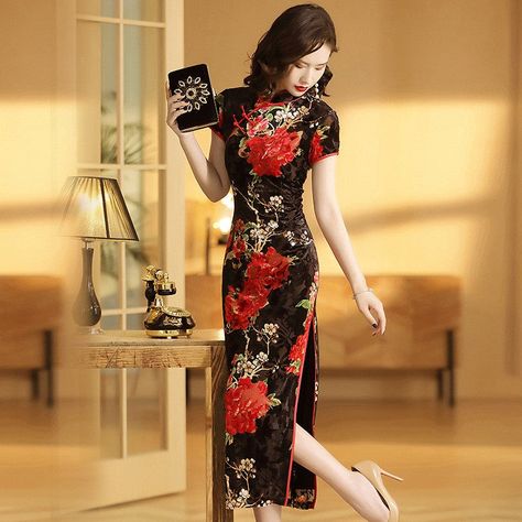 Cap Sleeve Mandarin Collar Traditional Cheongsam Floral Chinese Dress – IDREAMMART Qipao Outfit, Cheongsam Design, Traditional Cheongsam, Wedding Cheongsam, Red Qipao, Modern Cheongsam, Chinese Style Dress, Gowns Dresses Elegant, Qipao Dress