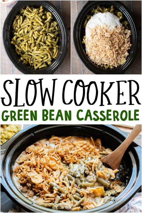 Thanksgiving Green Beans Crockpot, Green Bean Recipes Casserole Thanksgiving, Green Bean Casserole Slow Cooker, Greenbean Casserole Recipe Crockpot, Greenbean Casserole Crock Pot, Crockpot Green Bean Casserole Easy, Thanksgiving Slow Cooker Side Dishes, Slow Cooker Thanksgiving Sides, Christmas Slow Cooker Recipes