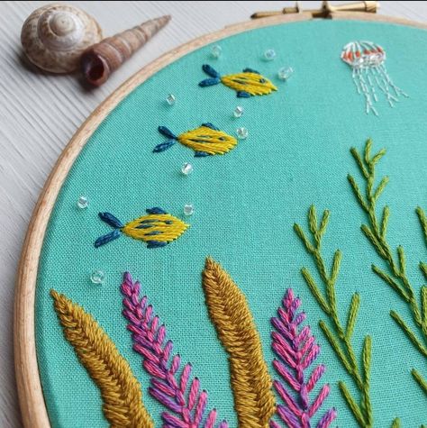 Ocean Embroidery, Shoal Of Fish, Fall Embroidery, Modern Hand Embroidery, Erasable Pen, Crafter Gift, Small Scissors, Hand Embroidery Kit, Embroidered Art