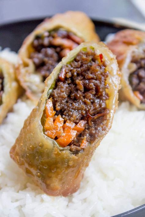 Korean Egg Rolls made with just a few ingredients are a great party food and perfect use of leftovers! Ground Beef Egg Rolls, Beef Egg Rolls, Egg Roll Recipe, Best Ground Beef Recipes, Korean Ground Beef, Ground Beef Recipe, Easy Meat Recipes, Egg Roll Recipes, Ground Beef Recipes Easy