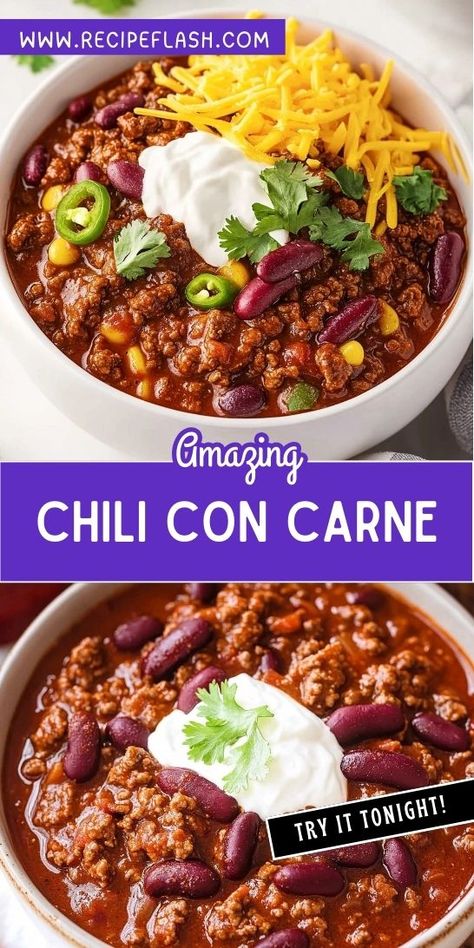 Want to spice up your dinner routine with a classic favorite? This Chili Con Carne Recipe is the ultimate dish for chili lovers, combining savory flavors and wholesome ingredients. Don’t forget to save this recipe for a night when you need a quick, satisfying meal! Interesting Chili Recipes, Specialty Chili, Chili Carne, Beef Spices, Homemade Chili Sauce, Chilli Con Carne Recipe, Sausage Chili, Chili Con Carne Recipe, Steak Chili