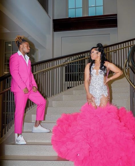 Couple Prom Outfits Ideas, Prom Couples Black People, Pink And Silver Prom Dress, Pink Prom Suit, Homecoming Poster, Light Pink Prom Dress, Silver Prom Dress, Prom Photoshoot, Prom Inspiration