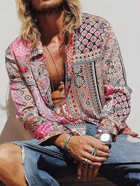 Casual Stand Collar Print Geometric Single-Breasted Men's Shirt Mens Printed Shirts, Boho Men, Blouse Sale, Mode Casual, Long Sleeve Tops Casual, Boho Shirts, Loose Shirts, Mens Casual, Fashion Mode