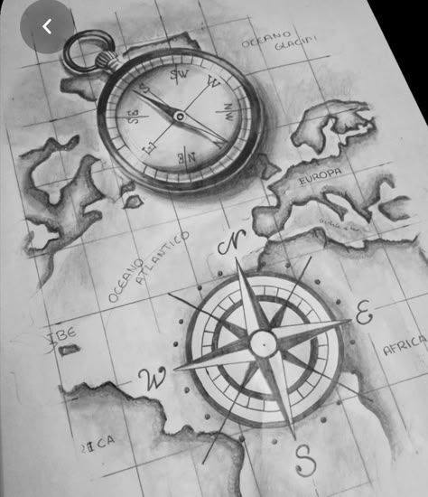 Wind Rose Tattoo, Compass And Map Tattoo, Compass Rose Tattoo, Compass Tattoo Design, Map Tattoos, Wind Rose, Landscape Tattoo, Sketch Tattoo Design, Clock Tattoo