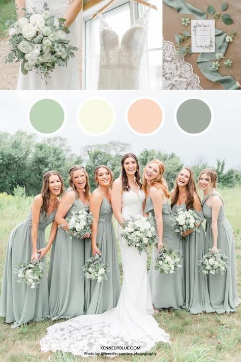 Bridesmaid Flowers Sage Green, May Wedding Colors Bridesmaid Dress, Pastel Green Bridesmaids Dresses, Bridesmaid Dresses Spring 2023, June Wedding Colors Bridesmaid Dress, Bridesmaids Same Color Different Style, Wedding Dress For Garden Wedding, Pastel Green Wedding Theme, Pastel Green Bridesmaid Dress