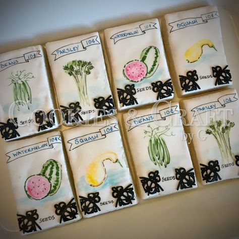 Garden seed packet cookies Royal icing, decorated sugar cookies Cake lace, sugar veil, chocolate, lemon, raspberry  https://m.facebook.com/CookiesAndCraftbyG/ Sugar Veil, Garden Seeds Packets, Cookies Royal Icing, Chocolate Lemon, Sugar Cookie Cakes, Cookie Craft, Cookies Cake, Decorated Sugar Cookies, Marketing Cookies