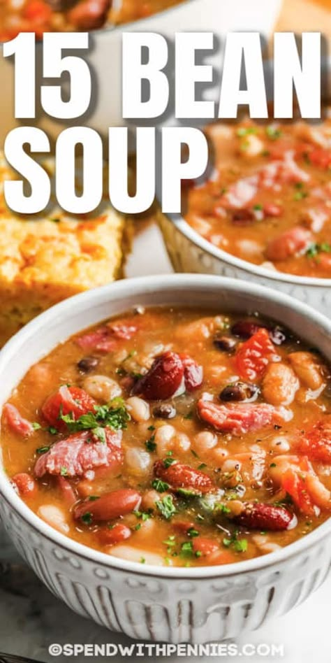 Easy to make, this 15 Bean soup is full of goodness with a beautiful blend of beans, ham, and a handful of flavorful veggies simmered in broth. #withsausage #hambeens #seasoning #withhambone #bestsoup #easysouprecipe Bean Soup Crockpot, 15 Bean Soup, Homemade Beans, Soup Beans, Diy Staircase, Ham Soup, Ham And Beans, Ham And Bean Soup, Bean Soup Recipes