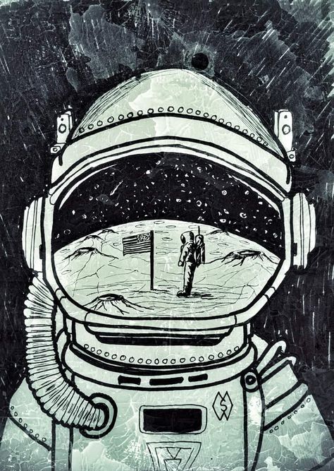 This is my drawing of a man raising the United States flag on the moon as seen in the reflection in another observing astronaut’s helmet. #mattstarrfineart #moon #moonlanding #astronaut #astrnauts #galaxy #space #universe #outerspace #rocket #spaceship #orbit #lunar Galaxy Space Universe, Spaceship Drawing, Moon Astronaut, Astronaut Wallpaper, Bg Design, Astronaut Space, Moon Drawing, United States Flag, The Reflection