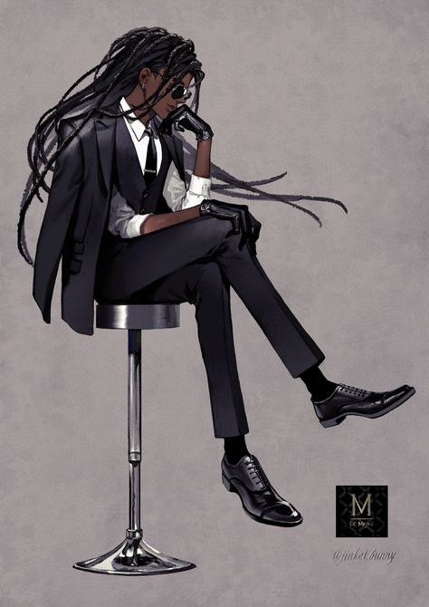 Black Man In Suit Character Art, Cool Black Character Design, Character In Suit Art, Bartender Oc Male, Suit Oc Male, Male Nun Oc, Rockstar Oc Male, Male Oc In Suit, Black Swordsman Oc