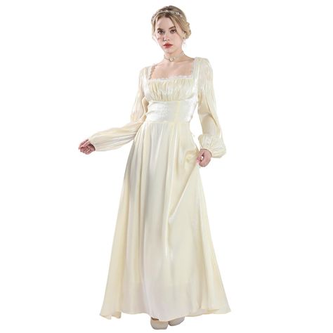 PRICES MAY VARY. Package included - 1* fairy dress. Victorian ball gown southern belle dress princess costumes for women women edwardian dress tea party dress for women. Victorian Dress Material - The light yellow fabric is silky satin, soft, velvety and shiny and high-grade. Hand washing is recommended, preferably with cold water and neutral detergent, do not scrub too hard and wring out. Avoid direct sunlight and exposure, hang to dry. Features - Square neck trimed around with lace, pleated de Regency Dress Jane Austen, Vintage Dress Long, Tea Gown, Regency Dress, Party Gown, Dress Long Sleeve, Jane Austen, Vintage Dress, Light Yellow