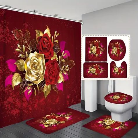 Golden Curtains, Rose Shower Curtain, Rose Curtains, Privacy Curtains, Bathroom Carpet, Curtain Material, Bathroom Accessory Sets, Shower Curtain Decor, Shower Curtain Hooks