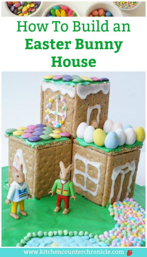 The Easter Bunny needs a house! Gather up the sweet treats and build an Easter Bunny house. The kids LOVE making this cute Easter activity. #Easter #EasterDessert #GingerbreadHouse #EasterBunnyHouse #EasterActivityforKids #KidsActivities #KidsintheKitchen #StemforKids Easter Bunny House, Easter Gingerbread House, Graham Cracker House, Gingerbread House Kit, Cracker House, Bunny Hutch, Candy Egg, Gingerbread House Kits, House Crafts