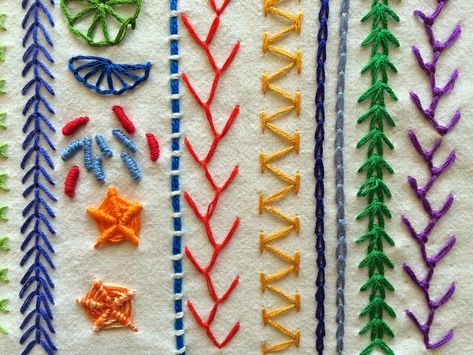 Couching Stitch, Crazy Quilt Stitches, Chevron Stitch, Stitch Sampler, Feather Stitch, Basic Embroidery Stitches, Embroidery Stitches Tutorial, Stitch Book, Thread Painting