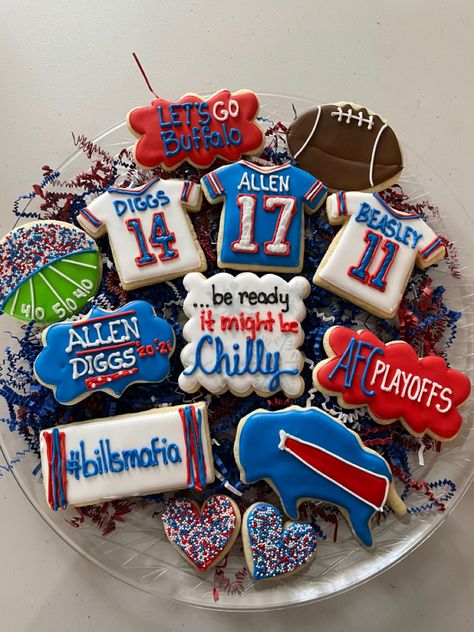 Buffalo Bills, Bills Mafia, Royal Icing Buffalo Bills Themed Birthday Party, Buffalo Bills Desserts, Buffalo Bills Cookies Decorated, Buffalo Bills Party Ideas, Buffalo Bills Birthday Party, Buffalo Bills Cookies, Eddie Cookies, Buffalo Bills Party, Buffalo Bills Cake