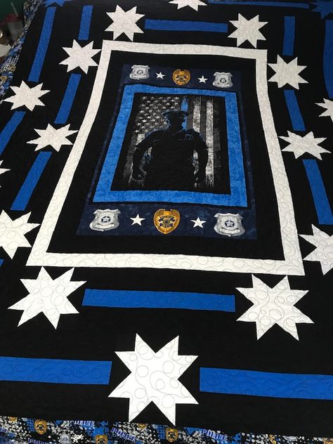 Police Quilt Ideas, Fireman Quilt Ideas, Firefighter Quilt Pattern, Police Quilt, Aunt Ems Quilts, Fireman Quilt, Police Men, Panel Quilting, Police Crafts