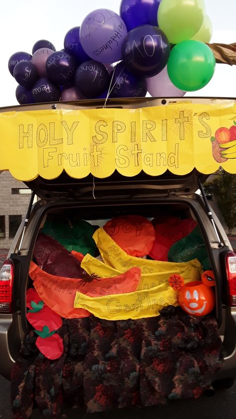 Trunk Or Treat Fruit Of The Spirit, Fruit Of The Spirit Trunk Or Treat Ideas, Fruit Of The Spirit Trunk Or Treat, Trunker Treat Ideas, Trunk Ideas, Fall Szn, Love Joy Peace Patience Kindness, Fruits Of The Spirit, Fruit Stand