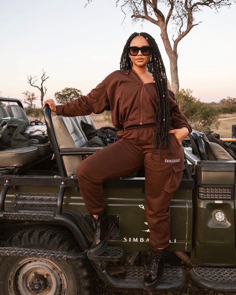 Mihlali Ndamase on Instagram: “Hop in loser, let’s go on a game drive! Tracksuit: @embedded_sa” Game Drive Outfits Women, Mihlali Ndamase Instagram, Game Drive Outfits, Mihlali Ndamase, Africa Safari Clothes, Safari Outfits, Black Boots Outfit, Dinner Dress Classy, Trip Outfits