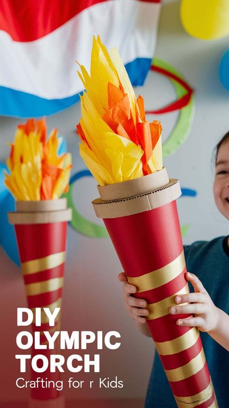 Create a memorable Olympic experience at home with this DIY Olympic Torch craft! Follow our detailed instructions and watch as your children craft their own torches, sparking joy and excitement for the games. Ideal for school projects or summer activities. #OlympicsForKids #CraftTime #DIYKids How To Make An Olympic Torch, 2024 Olympics Decorations, Olympic Ideas For Classroom, Diy Olympic Podium, Olympic Arts And Crafts For Kids, Olympic Torch Craft For Kids, Olympic Torch Diy, Olympic Decorations Diy, Torch Craft For Kids