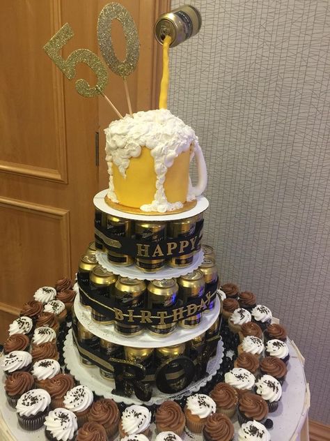 50th Beer Birthday Party, Cheers And Beers Dessert Table, Cheers To 50 Years Birthday Cake, Beer Birthday Decorations, Beer Themed Birthday Party Decorations Diy, 50 Years Birthday Cake, Birthday Cake Beer, Beer Themed Birthday Party, Cheers And Beers To 40 Years