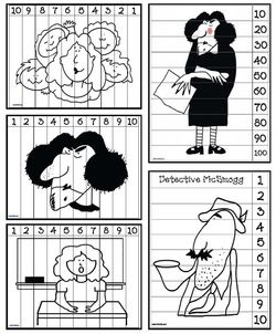 Miss Nelson is Missing activities: 5 Miss Nelson is Missing number puzzles for students to color, cut & put together. Fun activity for a sub. Practices counting forwards, backwards & skip counting by 10s to 100. Miss Nelson Is Missing Activities Free, Miss Nelson Is Missing Activities, Viola Swamp, Skip Counting By 10s, Miss Nelson Is Missing, Teaching Genre, Sub Binder, Art Rubric, Substitute Plans