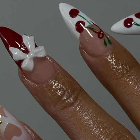 GEL X SPECIALIST | BELL GARDENS CA on Instagram: "A very Cherry Christmas 🎄🍒                          #nailart #nailinspo #goldchromenails #longnails        #rednails #downeynails #bellgardennails #pearlnails #pearlfrenchies #holidaynails #christmasnails #waterdropnails #jellynails" 3d Cherry Nails, Cut Dog Nails, Lana Aesthetic, Pop Nails, Almond Nails Red, Cherry Christmas, Gold Chrome Nails, Bling Nail Art, Long Almond Nails