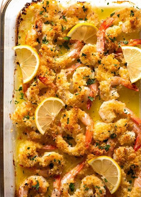 Overhead photo of Baked Prawns with Lemon Garlic Butter Sauce Magic Crispy Baked Shrimp, Baked Prawns Recipe, Baked Prawns, Ways To Cook Shrimp, Shrimp Fritters, Crispy Baked Shrimp, Tin Eats, Baked Shrimp Recipes, Lemon Garlic Butter Sauce