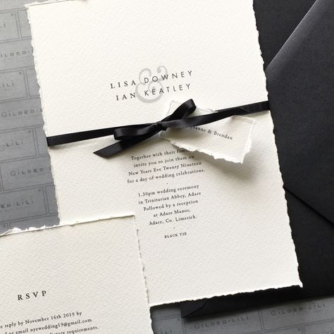 Wedding Invitations Tied With Ribbon, Ribbon Wrapped Invitations, Ribbon Tied Wedding Invitations, Black Tie Save The Date Ideas, Ribbon Around Wedding Invitation, Wedding Invitation Accessories, Ribbon Around Invitation, Formal Wedding Invitations Black Tie, Ribbon On Invitations