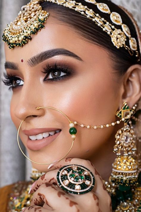 Engagement Makeup South Indian, Bengali Wedding Makeup, South Indian Eye Makeup, Punjabi Bridal Makeup, Indian Bridal Nose Ring, Rajput Bride, Priyanka Wedding, Sangeet Bride, Desi Bridal Makeup