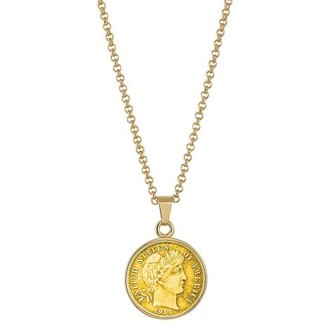 American Coin Treasures Gold-Layered Silver Barber Dime Goldtone Coin Pendant Necklace with 18 Chain Gold Coin Jewelry, Gold Medallion Necklace, Link Jewelry, Silver Dimes, Coin Pendant Necklace, Gold Medallion, Gold Chains For Men, Hot Jewelry, Coin Jewelry