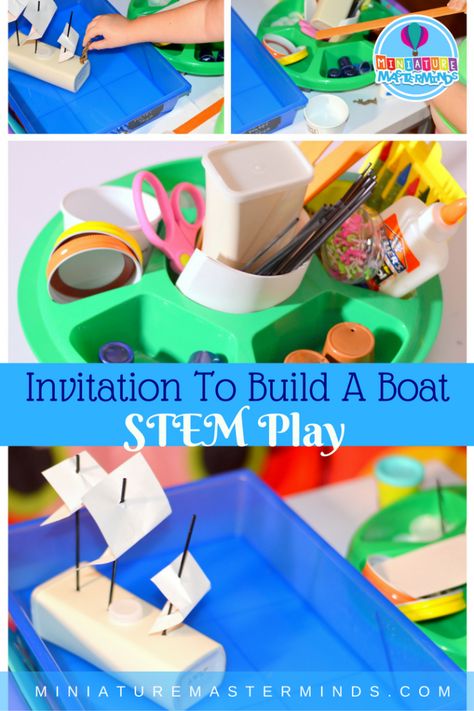 Invitation to Build A Boat STEM Project – Miniature Masterminds Morning Invitation To Play, Build A Boat Preschool, Making Boats Preschool, Boat Science Preschool, Stem Boat, Boat Stem Activities, Building Boats Stem Activity, Preschool Engineering, Stem Boat Building Challenge