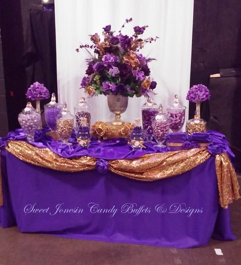 Purple and Gold Candy Buffet Gold And Purple Centerpieces, Purple And Gold Party Ideas, Gold And Purple Birthday Decorations, Purple And Gold Centerpieces, Purple And Gold Party Decorations, Purple Candy Buffet, Gold Candy Buffet, Candy Table Decorations, Purple And Gold Wedding