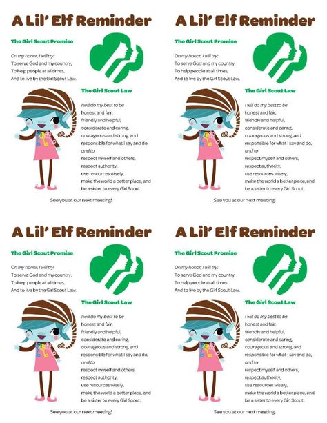 Made these adorable reminder cards for our Brownies to memorize the Girl Scout promise and law! So fun. I love these little Elves. Click on the picture to download a PDF. Brownie Troop Kaper Chart, Brownie First Meeting Ideas, Girl Scout Kaper Chart Ideas Brownies, Kaper Chart Brownie, Bridging To Brownies, Brownie Meeting Ideas, Girl Scout Brownies Meetings, Kaper Chart, Brownie Quest