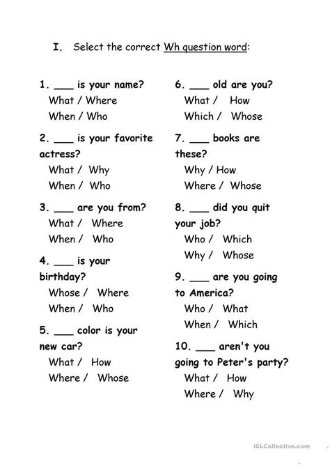 Wh Question Words, Wh Questions Exercises, Question Words, Grammar For Kids, Grammar Exercises, Teaching English Grammar, Learning English For Kids, English Grammar Worksheets, English Test