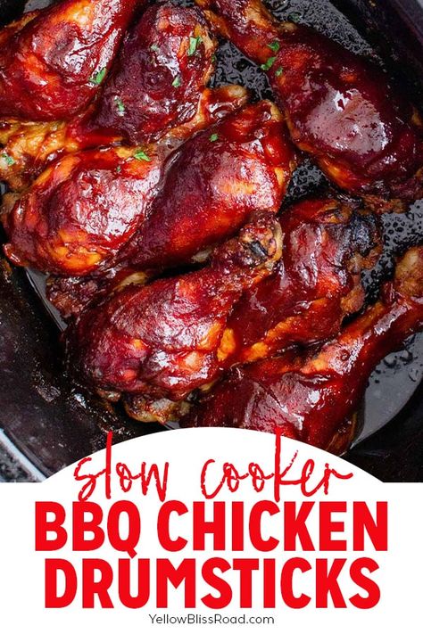 Slow Cooker BBQ Chicken Drumsticks are tender and juicy and practically hands off. Brush on some BBQ sauce and broil for the perfect finishing touch. Chicken Drumstick Recipes Dutch Oven, Crockpot Bbq Chicken Drumsticks, Crock Pot Barbeque Chicken, Crockpot Drumsticks, Slow Cooker Chicken Drumsticks, Bbq Foods, Bbq Chicken Drumsticks, Chicken Batter, Bbq Chicken Legs