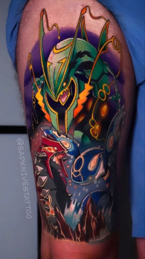 Mega Rayquaza Tattoo, Kyogre Tattoo, Rayquaza Art, Rayquaza Tattoo, Mega Rayquaza, Pokemon Tattoo, Calf Tattoo, Funny Tattoos, Anime Tattoos