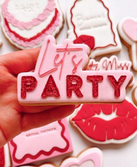 Pink And Red Cookies, Hen Cookies, Hens Cookie Ideas, Red Bachelorette, Hens Party Cookies, Hens Cookies, Red Party Ideas, Bachelorette Party Cookies, Bachelorette Cookies