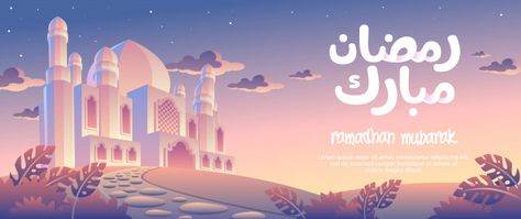 Ramadhan mubarak dengan matahari terbena... | Premium Vector #Freepik #vector #banner #islamic #cloud #sky Ramadhan Banner, Banner Ramadhan, Ramadhan Design, Poster Ramadhan, Isra Miraj, Happy Ramadan Mubarak, Maulid Nabi, Ramadhan Mubarak, Evening Greetings