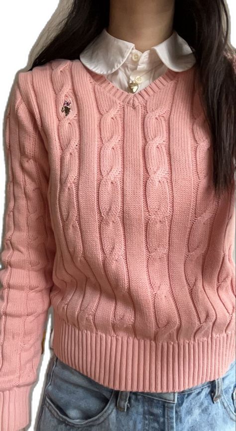 Pink Cable Knit Cardigan, Womens Polo Outfit, Coquette Knit Sweater, Pink Sixth Form Outfits, Us Polo Assn Outfit, Pink Polo Sweater Outfit, Ralph Lauren Coquette, Polo Cable Knit Sweater Outfit, How To Style Cable Knit Sweater