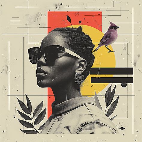 A surreal and quirky art collage featuring a person in sunglasses with a bird perched on their head, surrounded by abstract shapes.  #ArtsyAF #SurrealVibes #QuirkyArt #CollageMagic #OrangeSlicePortrait #FlowerPower #ProfilePicGoals #ArtisticVision #PinterestInspo #CreativeCollage #collage Portrait Graphic Design, Abstract Self Portrait, Collage Examples, Surrealism Collage, Instagram Grid Design, Surreal Collage Art, Graphic Design Posters Layout, Face Collage, Abstract Posters