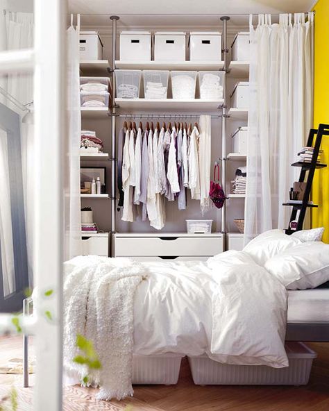 Not that my bedroom would ever be this white, but I would love to see it this organized. Smart Bedroom, Closet Curtains, Storage Solutions Bedroom, White Linens, Bedroom Organization Storage, Open Wardrobe, No Closet Solutions, Open Closet, Ikea Bedroom