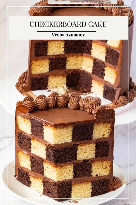 A checkerboard cake is impressive and surprisingly easy to make. Four layers of vanilla and chocolate cake frosted with chocolate ganache create this wonderful checkerboard effect. A fun new way to decorate a cake! Checker Board Cake Recipe, Vanilla And Chocolate Cake Layers, Checkered Cake How To Make A, Check Board Cake, How To Make A Checkerboard Cake, Checkered Cake Inside, Checkered Birthday Cake, Chocolate Cakes Birthday, Checker Cake