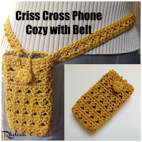 Criss Cross Phone Cozy with Belt ~ FREE Crochet Pattern Crochet Phone Case Pattern Free, Crocheted Purses, Crochet Phone Cover, Pochette Portable, Crochet Belt, Crochet Phone Cases, Crochet Mobile, Crochet Case, Crochet Hack