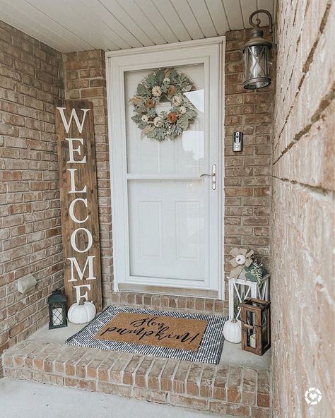 Little Front Porch Ideas, Small Stoop Decor Front Entry, No Front Porch Ideas, Small Porch Decorating Ideas Entrance, Small Front Porch Ideas On A Budget, Uncovered Front Porch Ideas, Simple Front Door Decor, Front Step Decor, Farmhouse Front Porch Ideas Curb Appeal