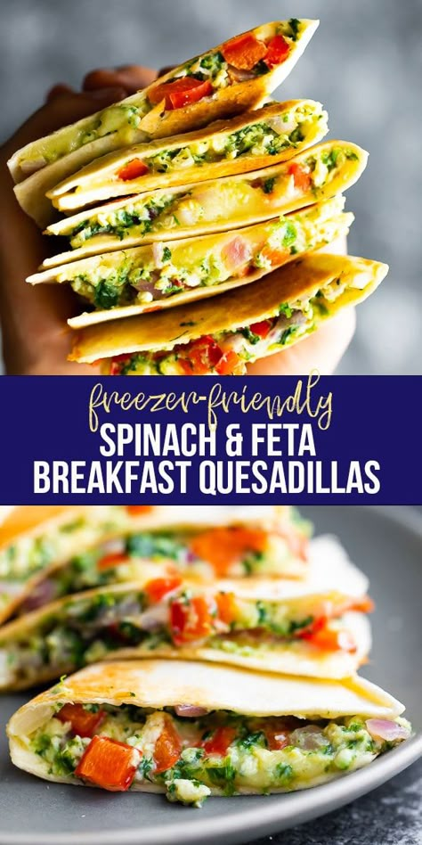 Make-ahead breakfast quesadillas filled with scrambled eggs, feta cheese, spinach and red peppers. An easy, healthy week-day breakfast that's perfect for meal prepping! #makeaheadbreakfast #mealprepbreakfast #breakfastmealplan #breakfastquesadilla #sweetpeasandsaffron #freezerfriendly Spinach Feta Breakfast, Feta Breakfast, Eggs Feta, Healthy Quesadilla, Healthy Breakfast Recipes Clean Eating, Breakfast Quesadilla Recipes, Breakfast Quesadillas, Healthy Breakfast Meal Prep, Breakfast Quesadilla