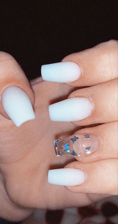 cute nails, white butterfly nails Nails For 10yrs Old, Cute Nails White, White Butterfly Nails, Old Y2k, Nail Butterfly, Basic Nail, Butterfly Nails, Nail Techniques, Basic Nails