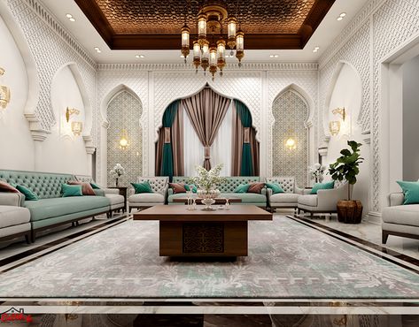 Islamic Moroccan Majlis Design on Behance Islamic Majlis, Arabian Living Room, Moroccan Majlis, Islamic Palace, Arabic House, Islamic Interior, Arabic Living Room, Arabic Interior Design, Majlis Design